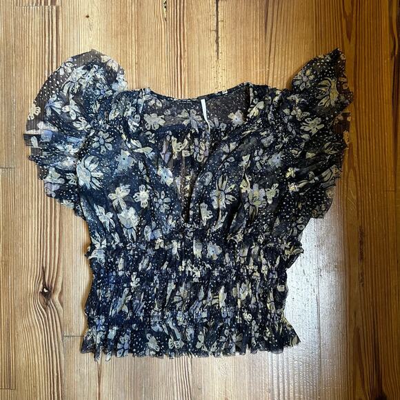 Free People black tan sheer deep V rouging top SIZE S - Picture 1 of 4
